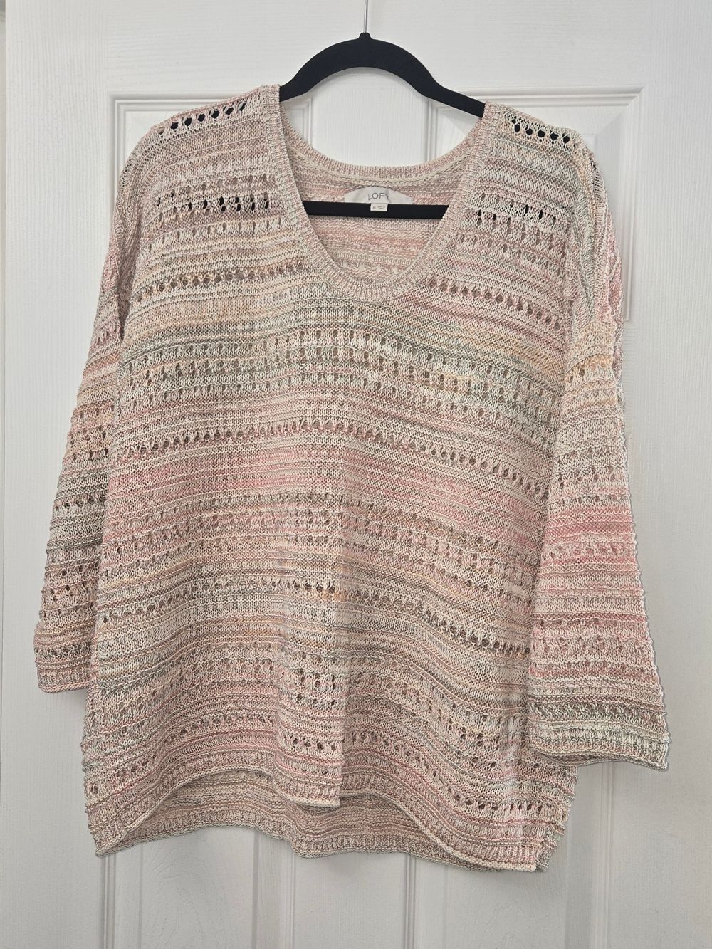 LOFT Womens XL V-Neck Sweater Open Knit Crochet Striped Pink Tan Cream Top